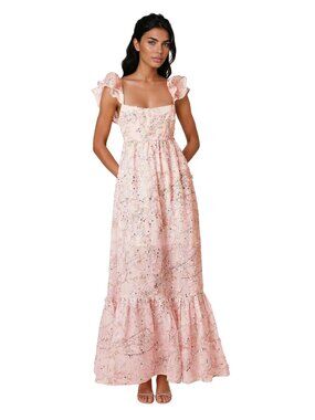 ELLIATT REGINA PINK 3D FLOWER & SEQUIN EMBELLISHED RUFFLE MAXI DRESS